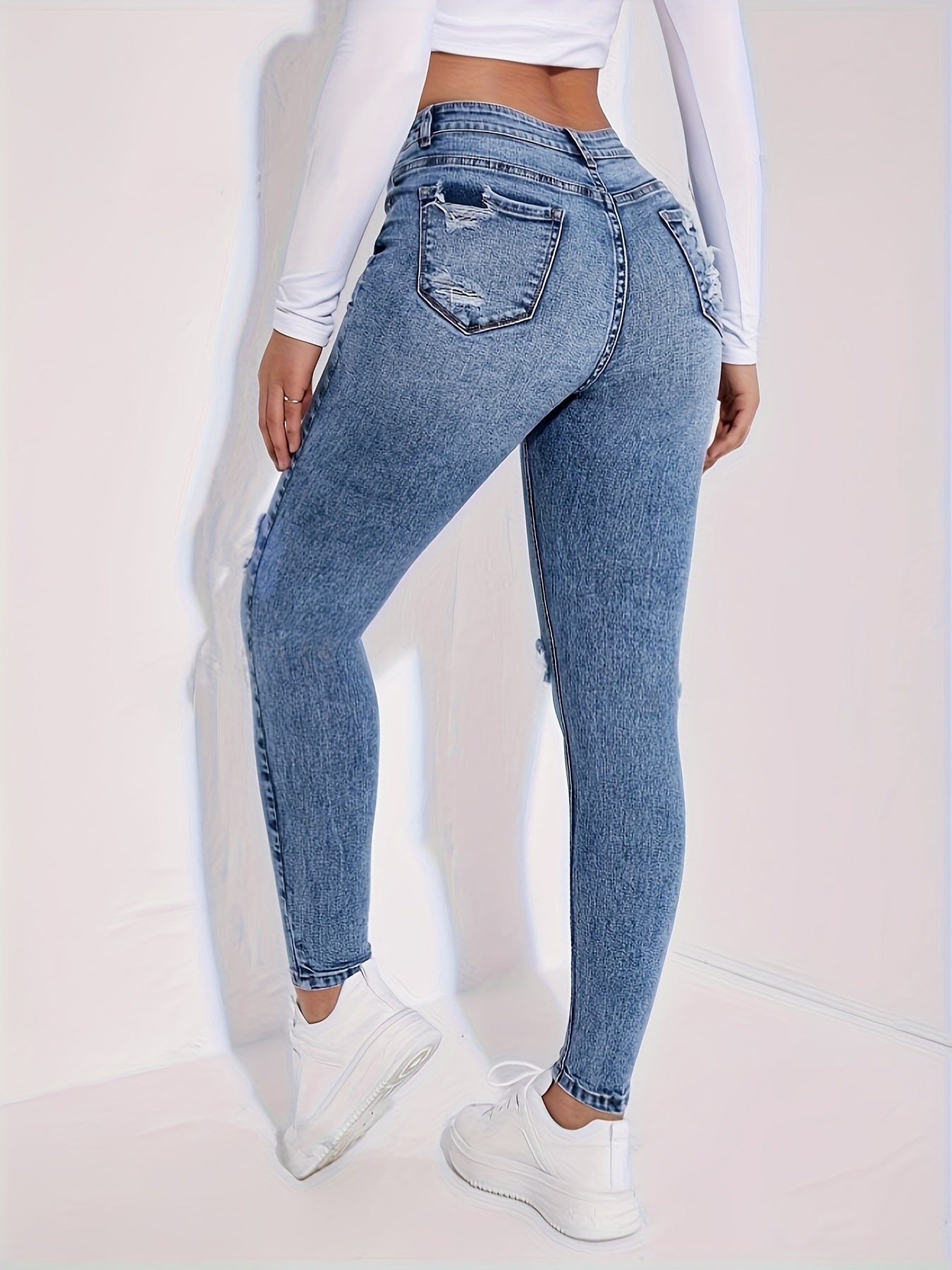 Distressed Washed Blue Ripped Skinny Fit Jeans: Women's Denim