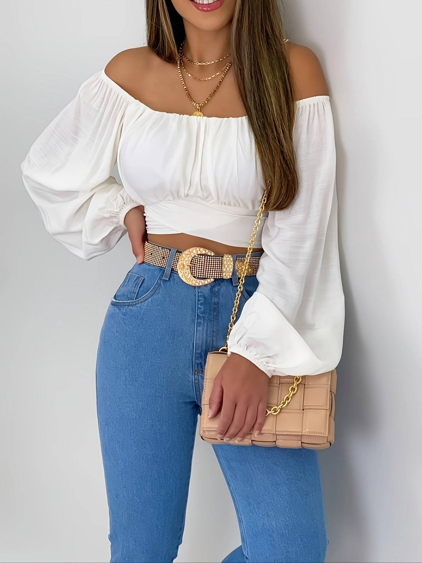 Chic Plus Size Off Shoulder Lace Up Crop Top - Trendy Long Sleeve Women's Blouse