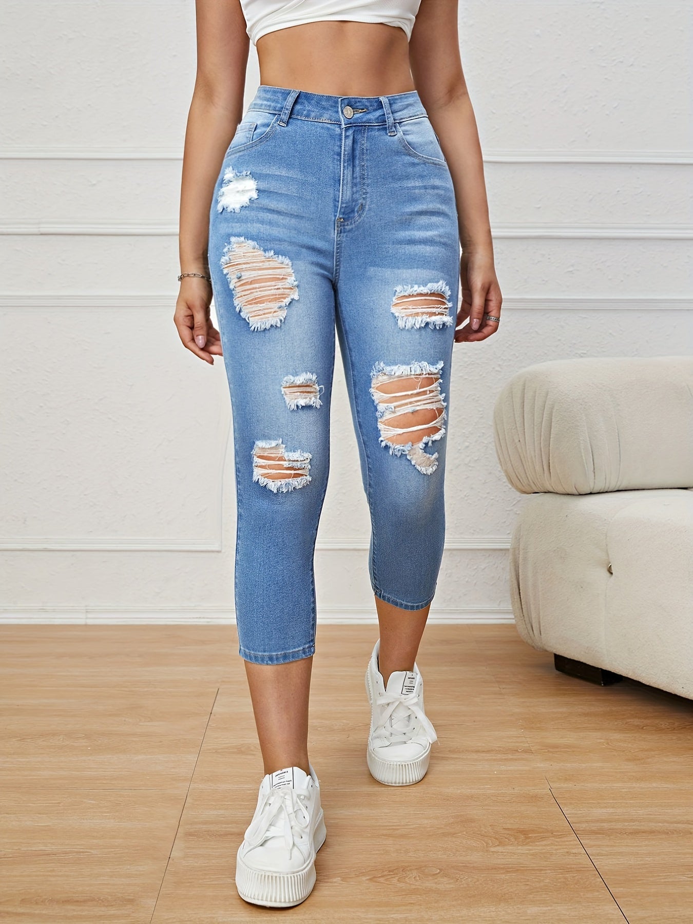 Blue Ripped Holes Skinny Jeans: Slim Fit, Slash Pockets, Slight Stretch Capris