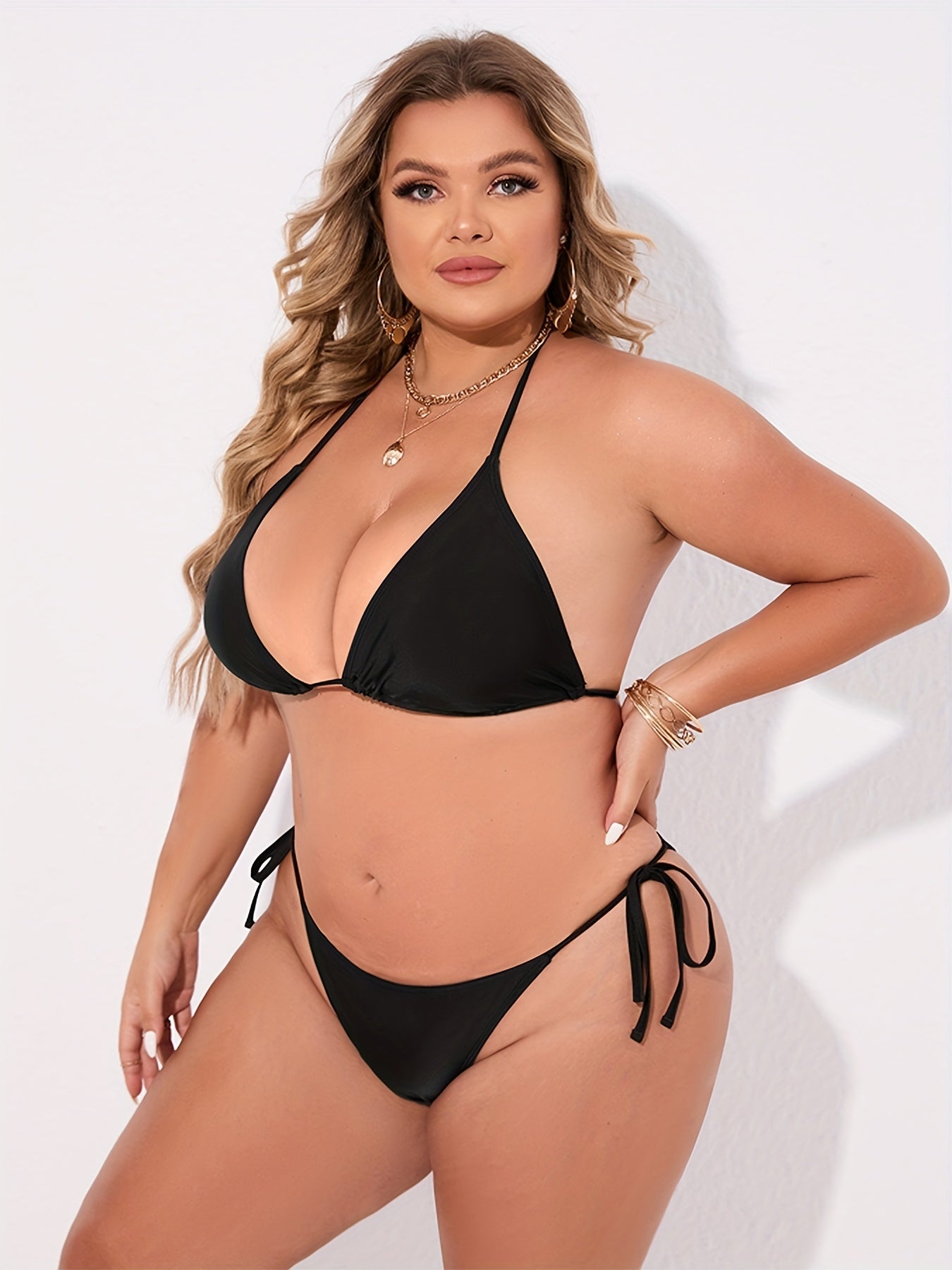 Plus Size Plain Halter Neck High Leg Cut Bikini Set: Embrace Your Curves in Style!