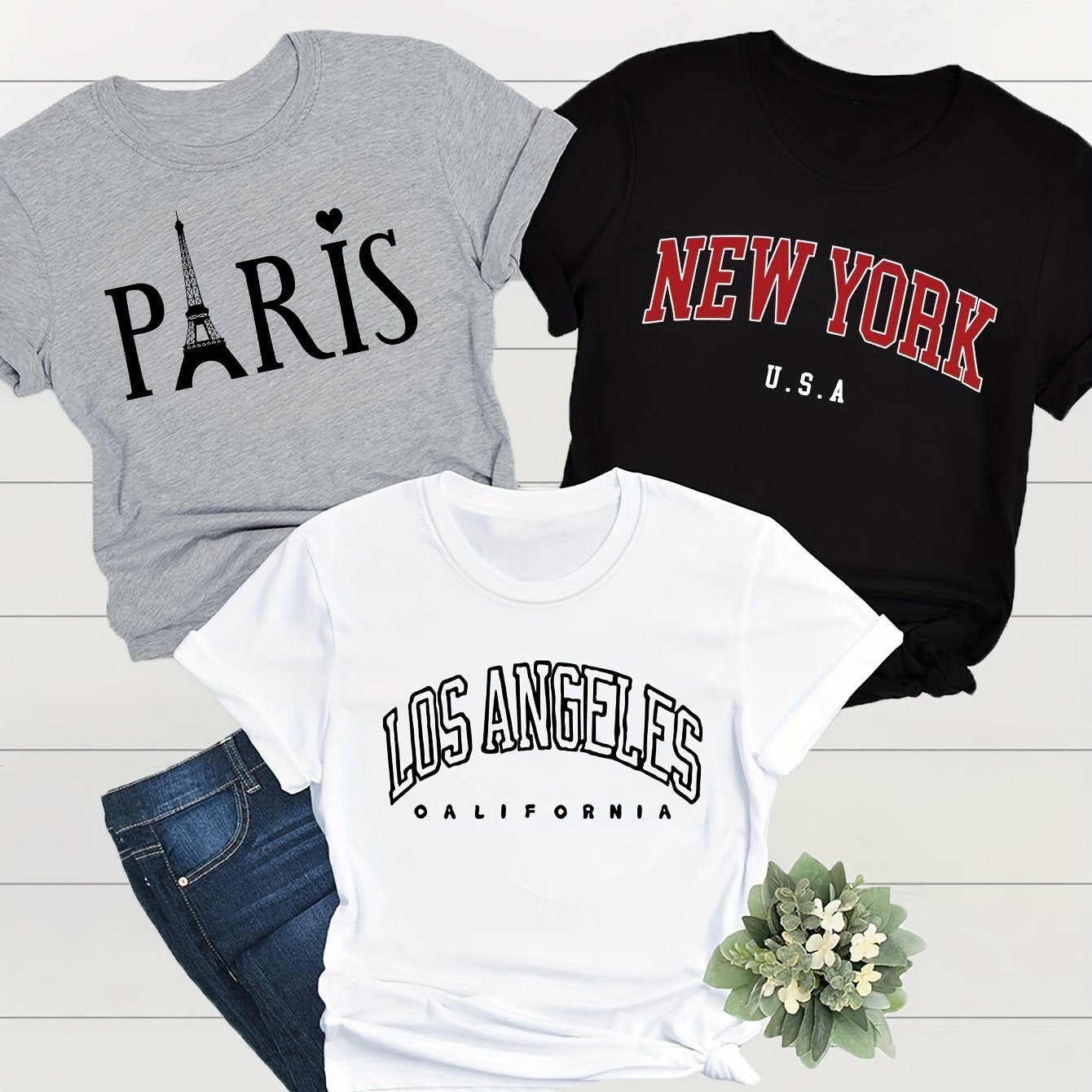 3 Pc. Eiffel Tower Print Crew Neck T-Shirt Set: Casual Short Sleeve Tops for Women's Spring/Summer Wardrobe