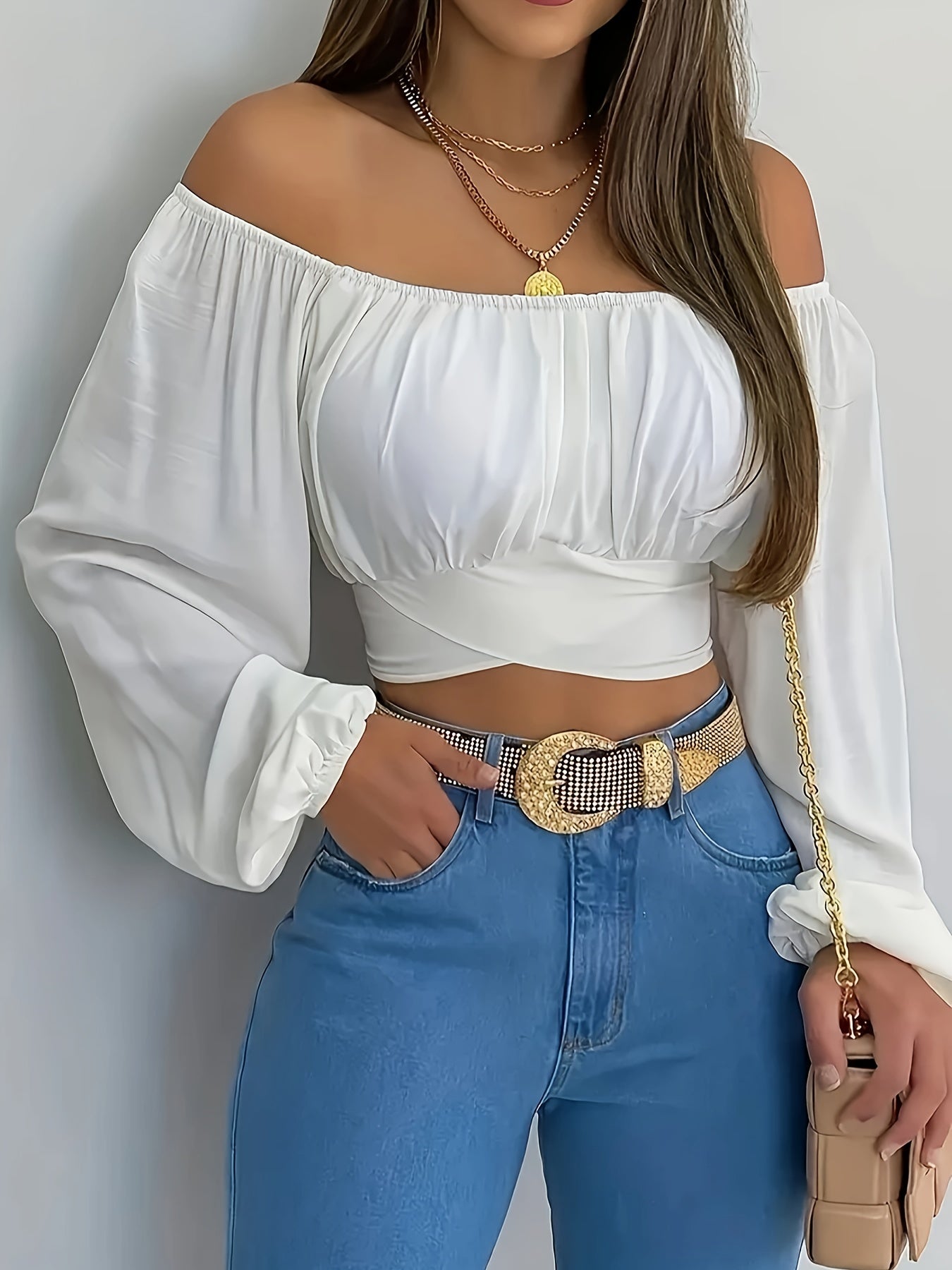 Chic Plus Size Off Shoulder Lace Up Crop Top - Trendy Long Sleeve Women's Blouse