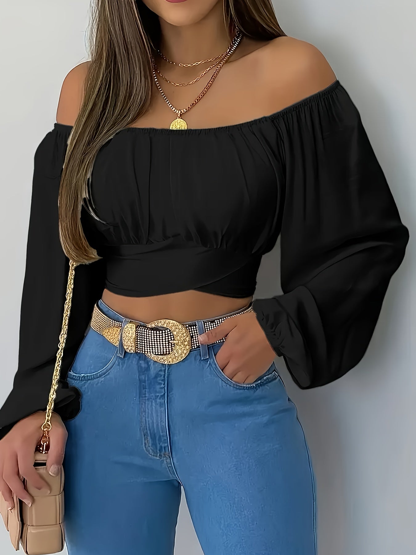 Chic Plus Size Off Shoulder Lace Up Crop Top - Trendy Long Sleeve Women's Blouse