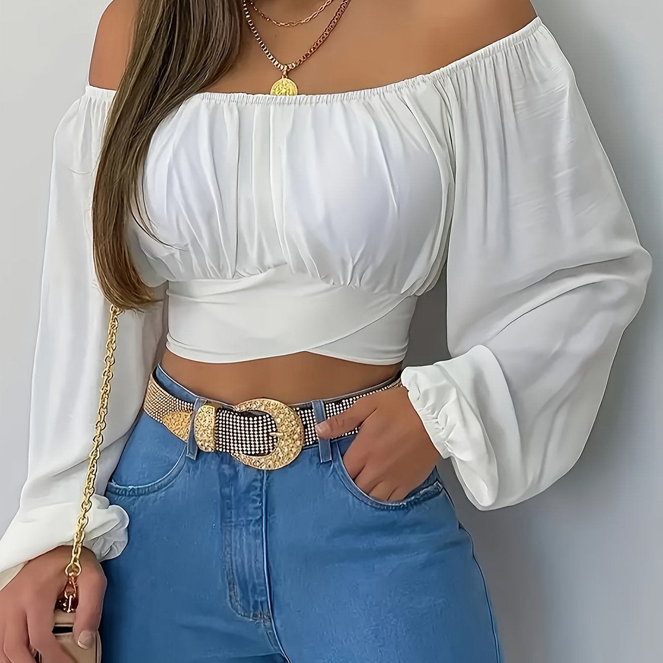 Chic Plus Size Off Shoulder Lace Up Crop Top - Trendy Long Sleeve Women's Blouse