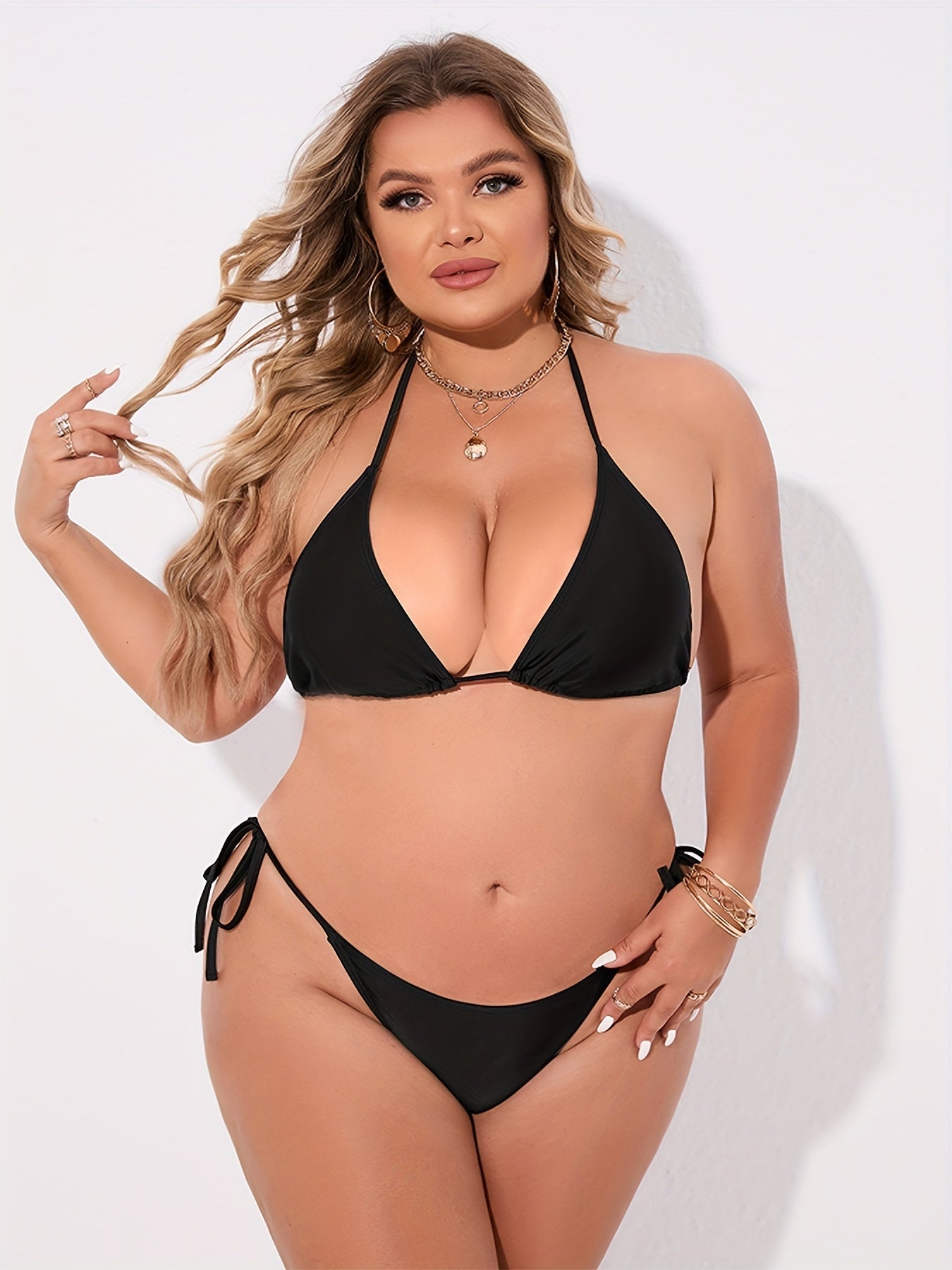 Plus Size Plain Halter Neck High Leg Cut Bikini Set: Embrace Your Curves in Style!