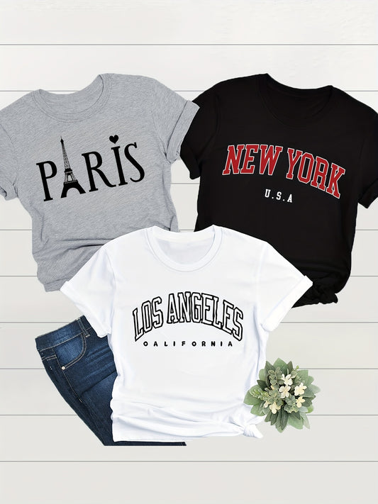 3 Pc. Eiffel Tower Print Crew Neck T-Shirt Set: Casual Short Sleeve Tops for Women's Spring/Summer Wardrobe