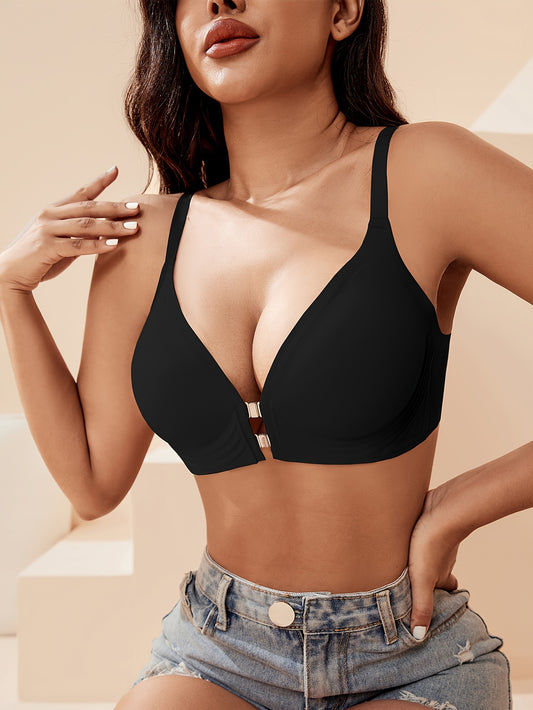 Ultra Comfortable Seamless Bra With Easy Front Buckle Closure: Breathable Mesh Fabric, Solid Color, Soft & Smooth Silhouette For Womens Everyday Lingerie & Underwear Essential