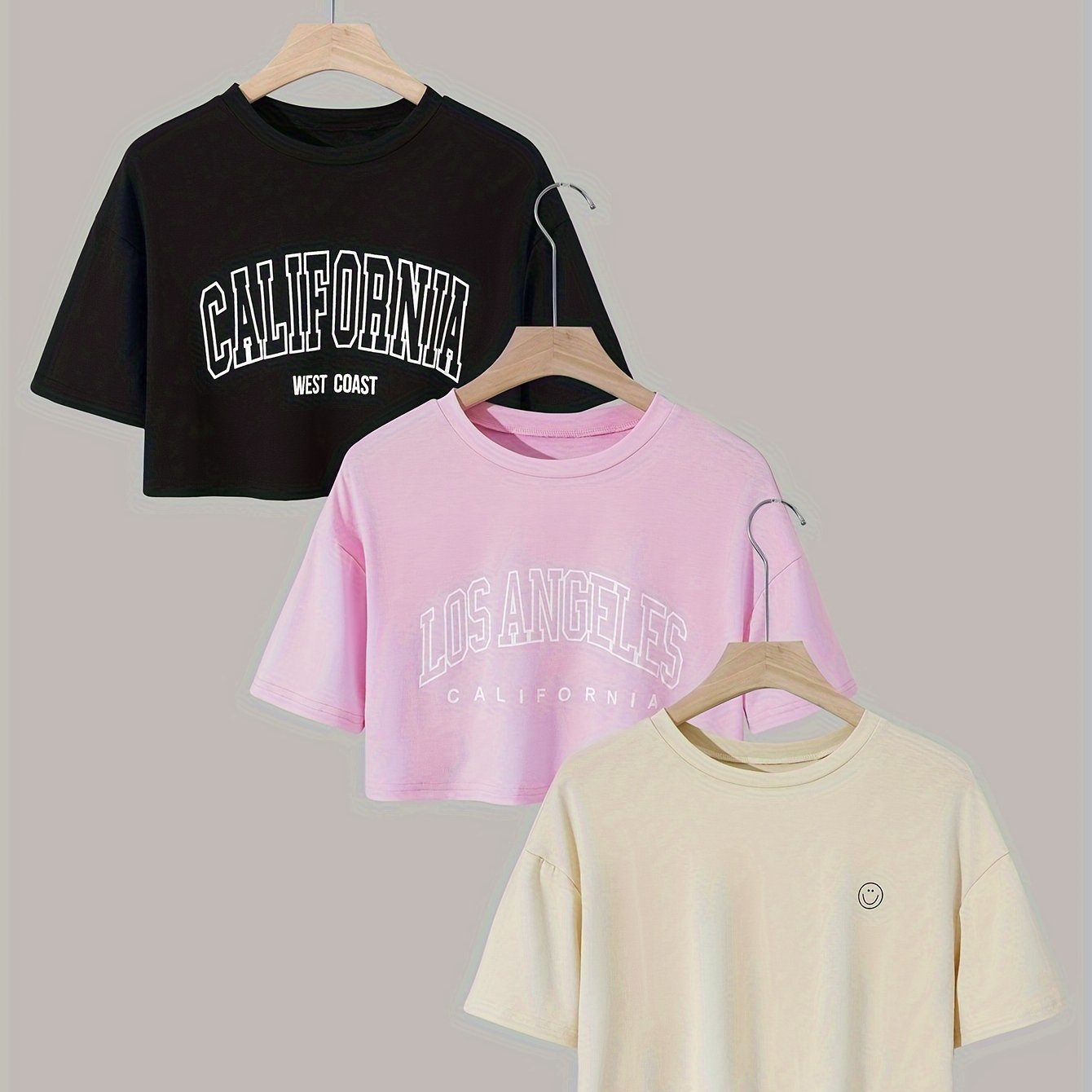 Spring into Style: 3 Pc. Crew Neck Crop T Shirts for Women's Casual Wear